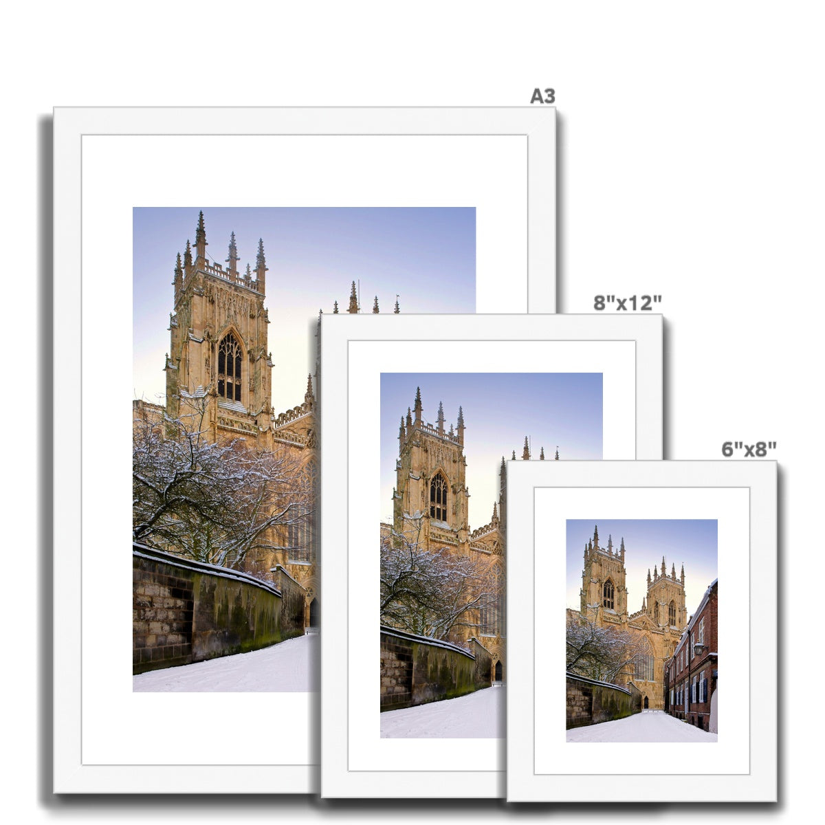 York Minster in the snow seen from Precentors Court. York, UK. Framed & Mounted Print