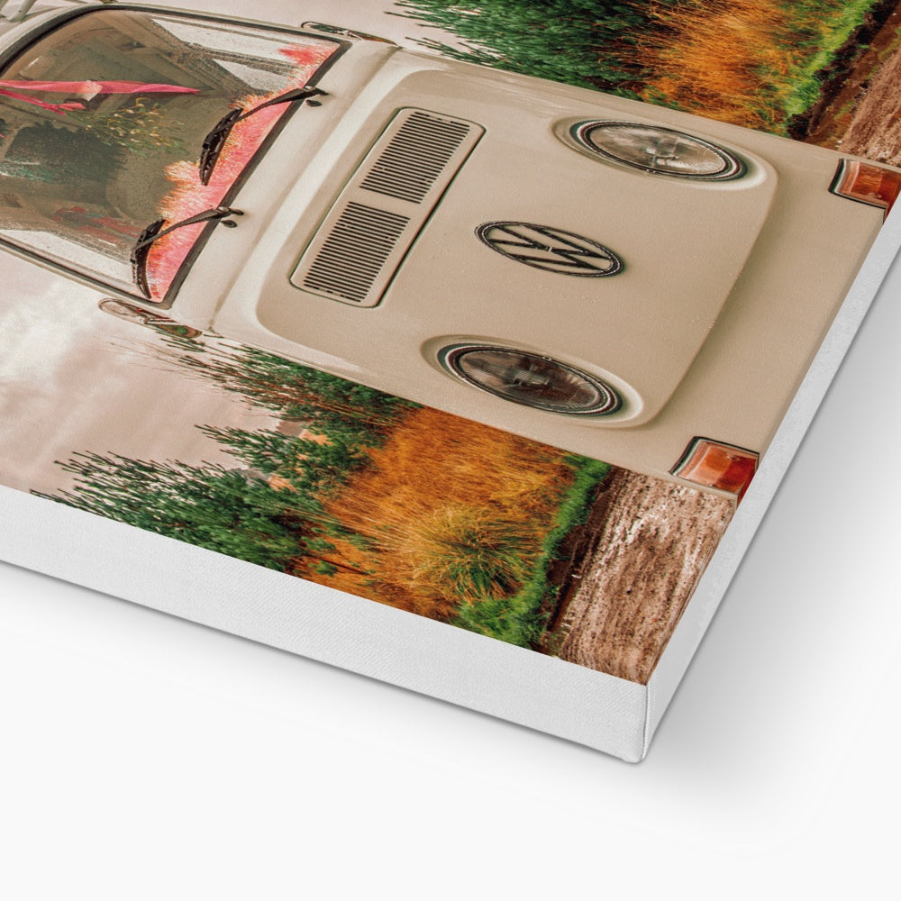 1972 VW Bay Window Campervan parked with with Christmas tree on roof. Canvas
