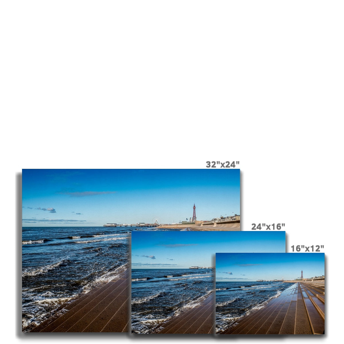 Blackpool's stone stepped sea defences with Blackpool Tower and Central Pier in the distance, Blackpool, UK. Canvas
