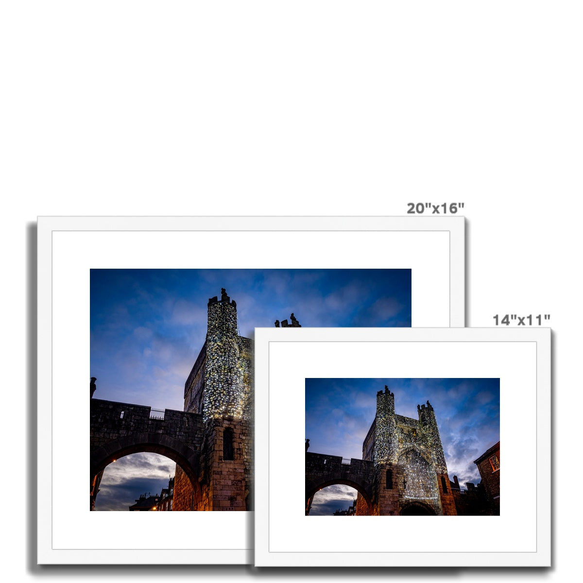 Monk Bar with illuminated Light Curtain for Christmas, York, UK. Framed & Mounted Print