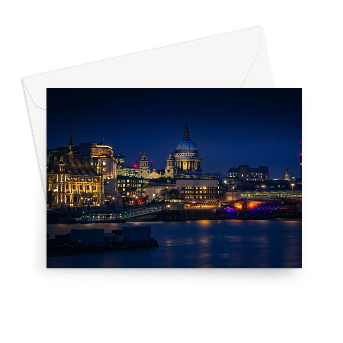 St Pauls Cathedral, Blackfriars Bridge, River Thames and London skyline at dusk. Greeting Card
