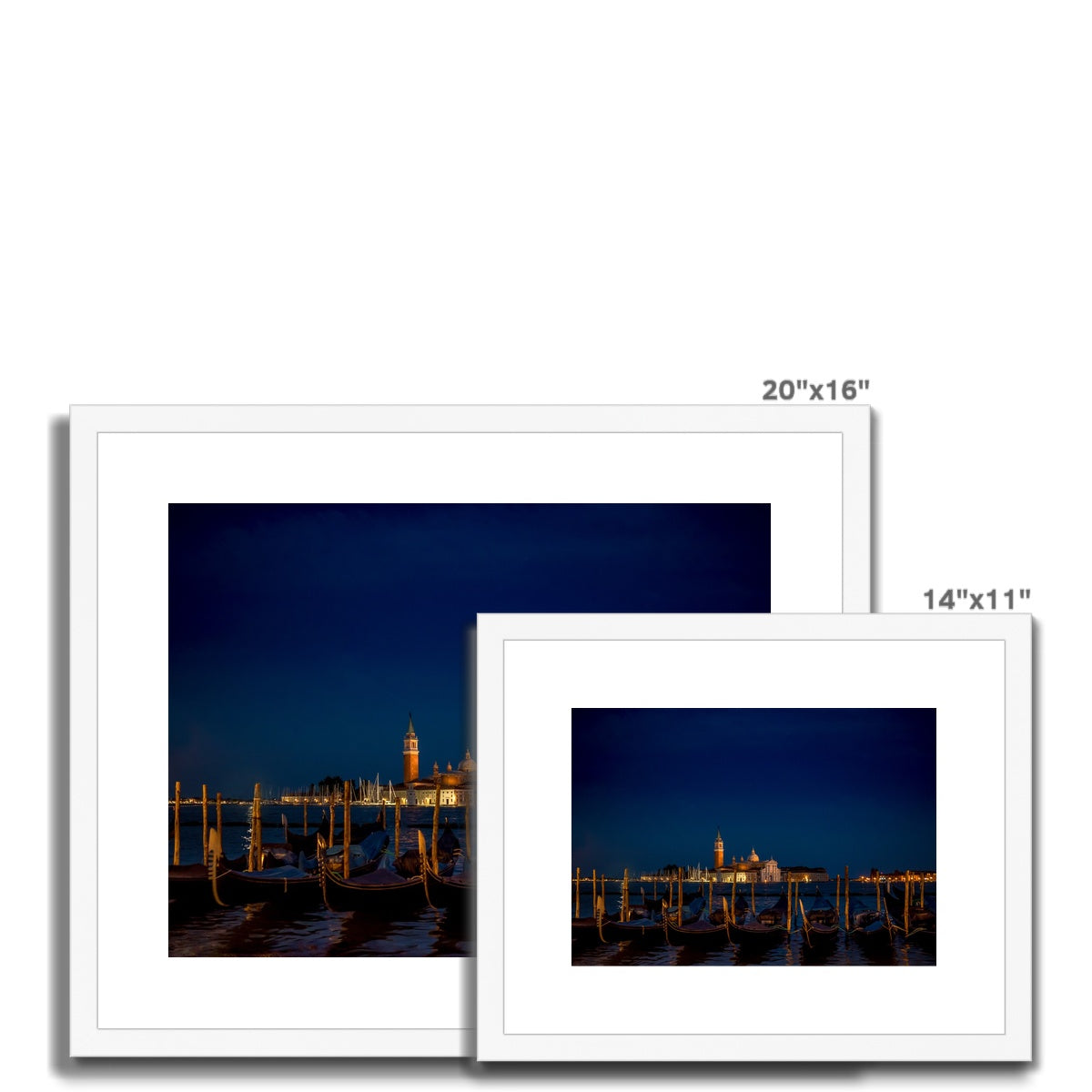 Gondolas moored in St Mark's Basin with San Giorgio Maggiore in the background at night, Venice, Italy. Framed & Mounted Print