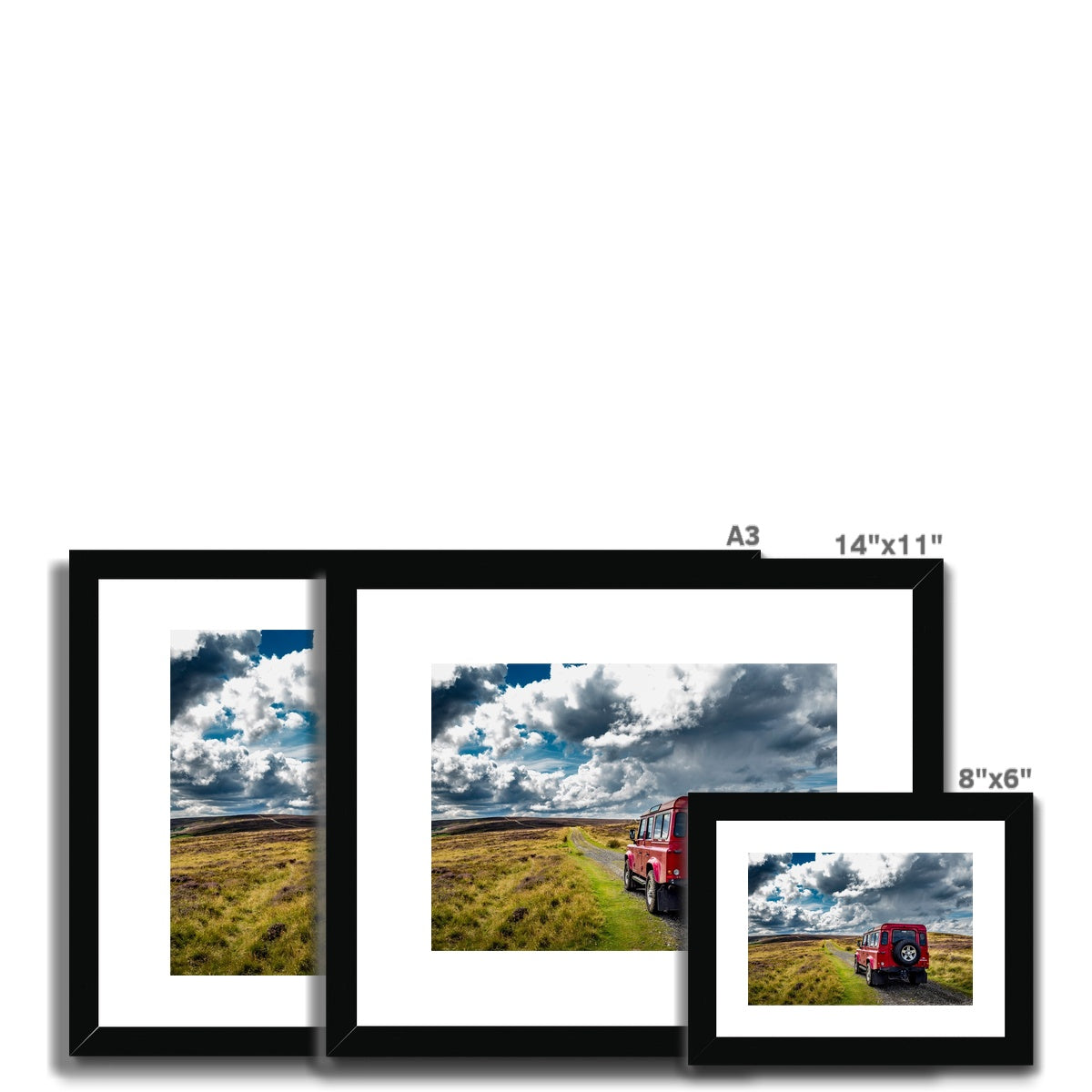 Red Land Rover Defender 110 4WD car navigating a Green Lane track, North Yorkshire Moors, UK. Framed & Mounted Print