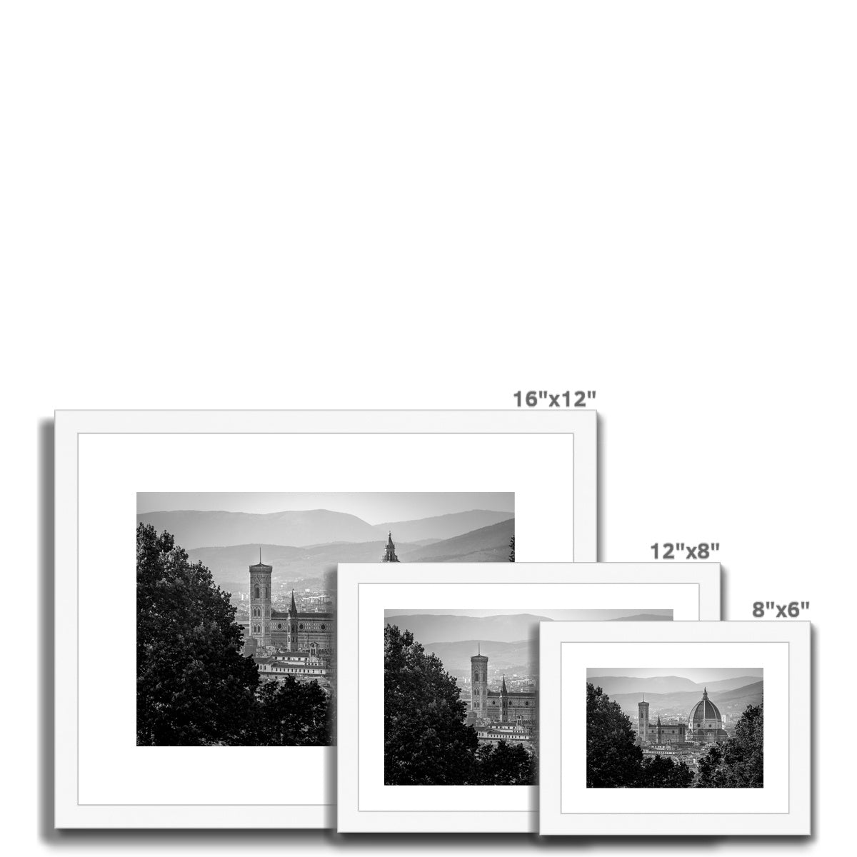 The south façade of Florence Cathedral glimpsed through the trees of San Miniato al Monte. Italy.  Framed & Mounted Print