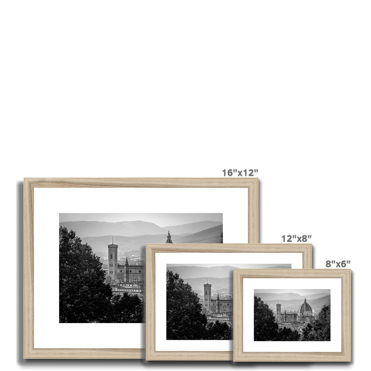 The south façade of Florence Cathedral glimpsed through the trees of San Miniato al Monte. Italy.  Framed & Mounted Print