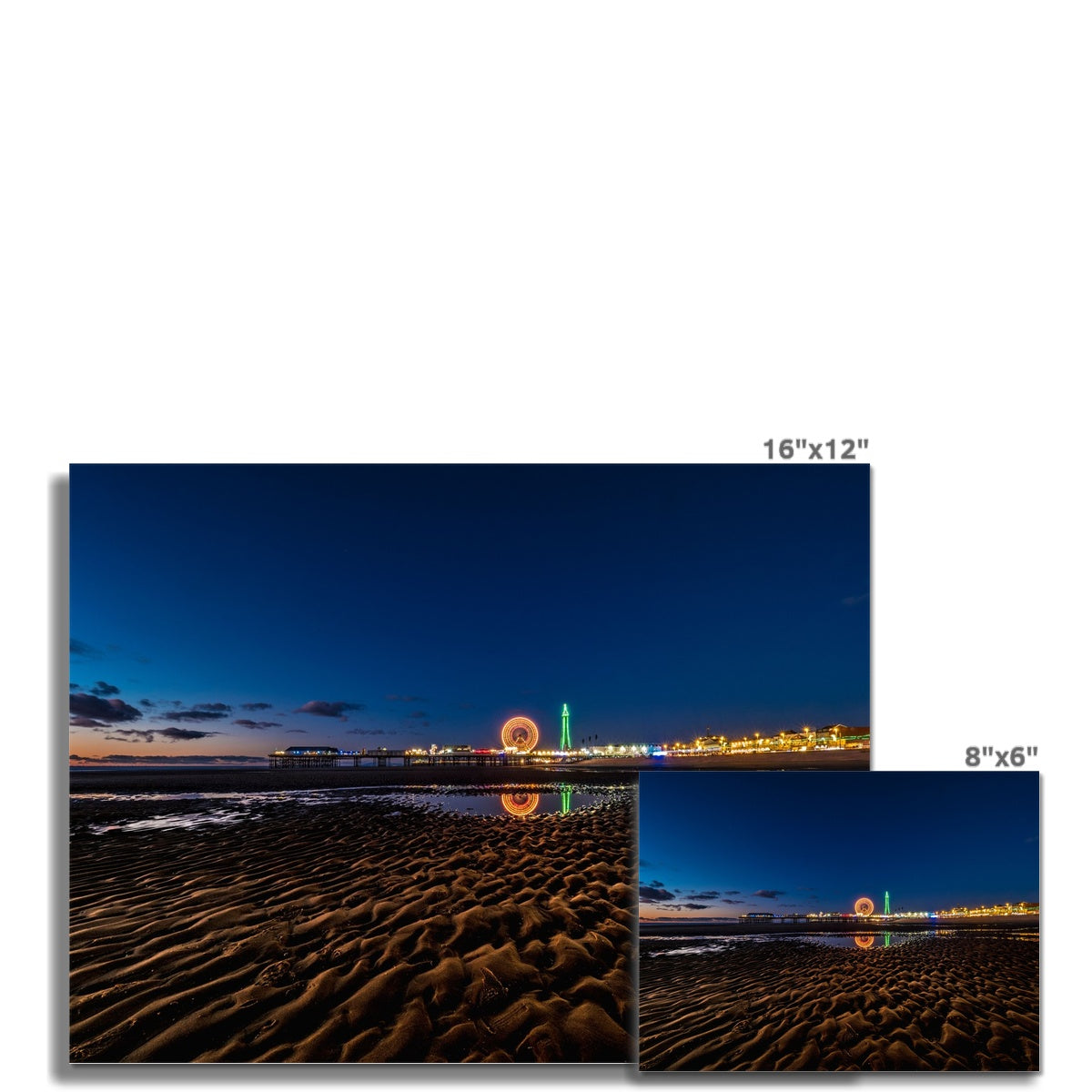 Blackpool Tower and Central Pier with reflection of illuminations Fine Art Print