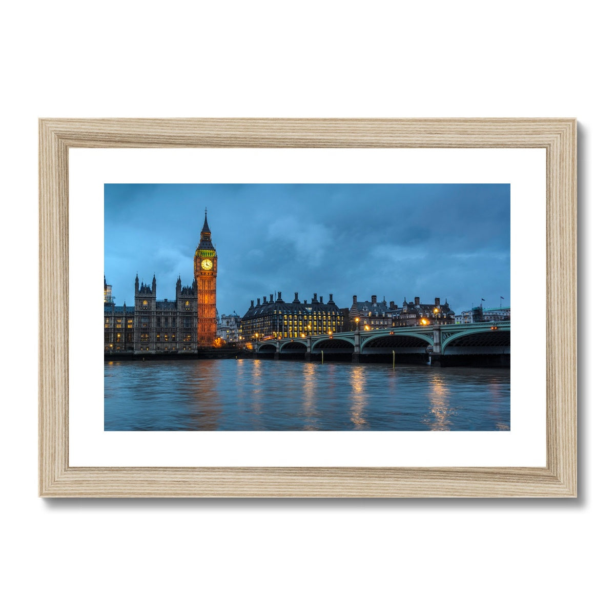 Big Ben and Houses of Parliament at dusk, Westminster, London. Framed & Mounted Print