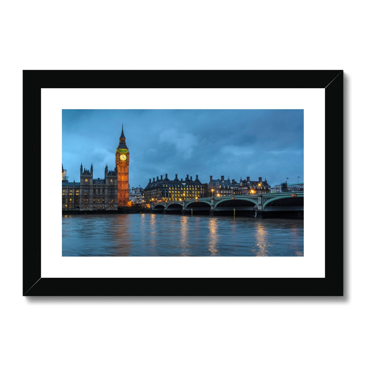Big Ben and Houses of Parliament at dusk, Westminster, London. Framed & Mounted Print