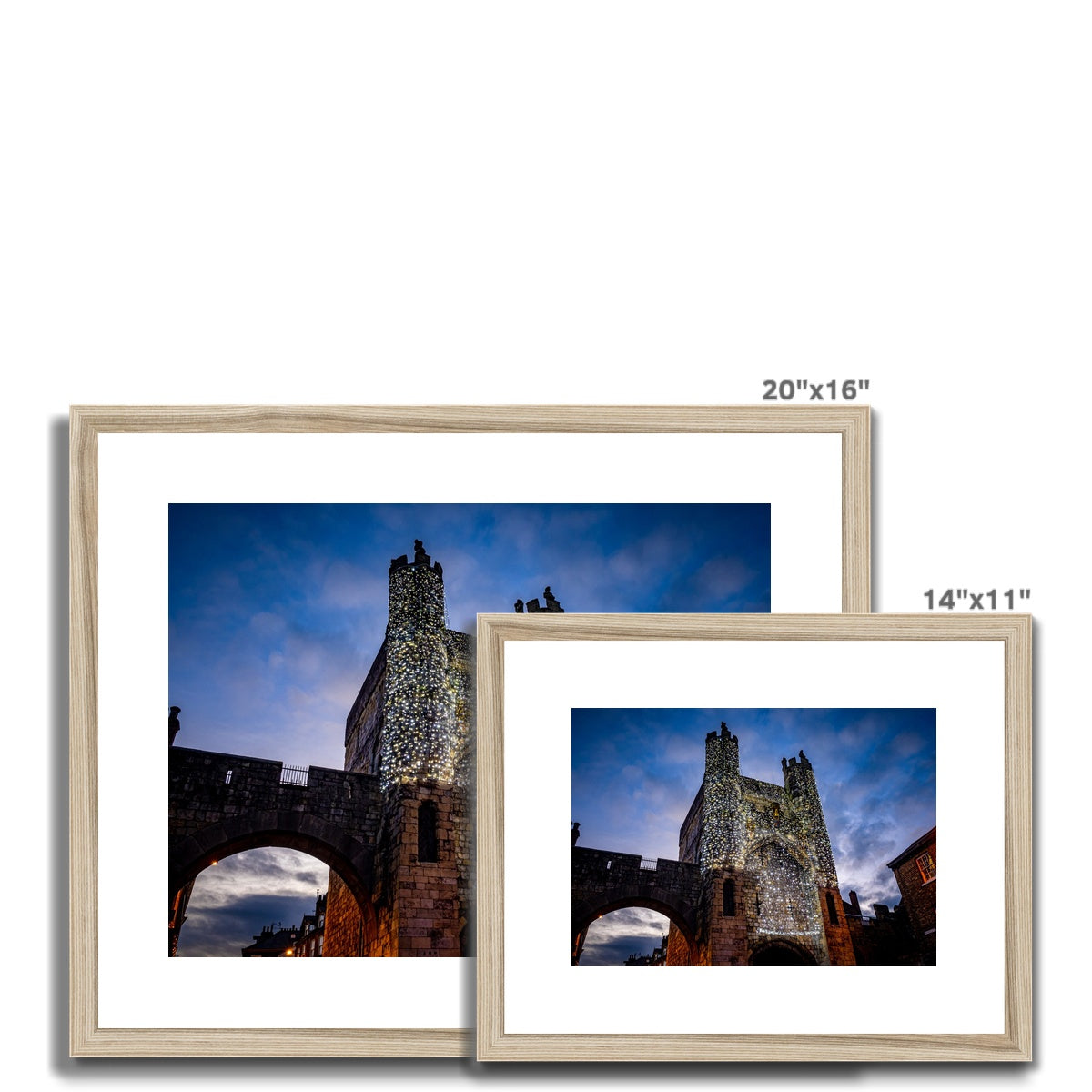Monk Bar with illuminated Light Curtain for Christmas, York, UK. Framed & Mounted Print