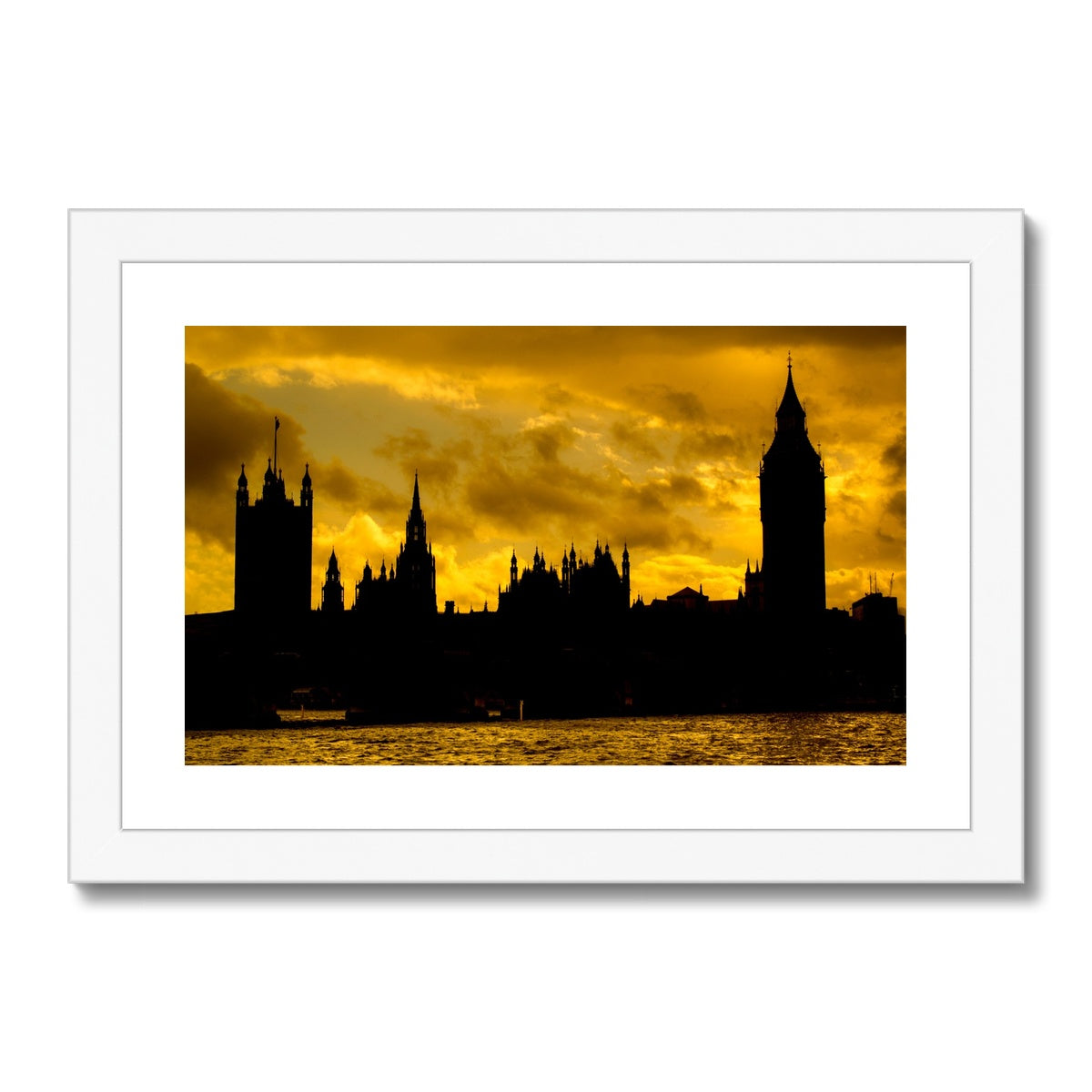 Silhouetted Houses of Parliament, Westminster, London. Framed & Mounted Print