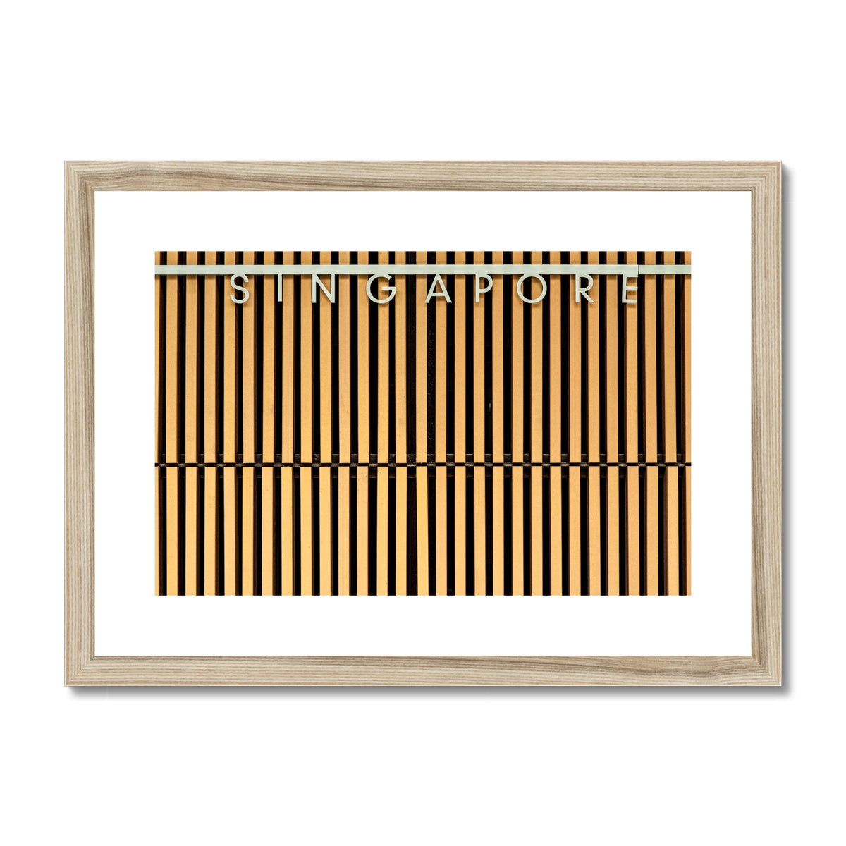 Singapore lettering on a slatted building wall. Framed & Mounted Print