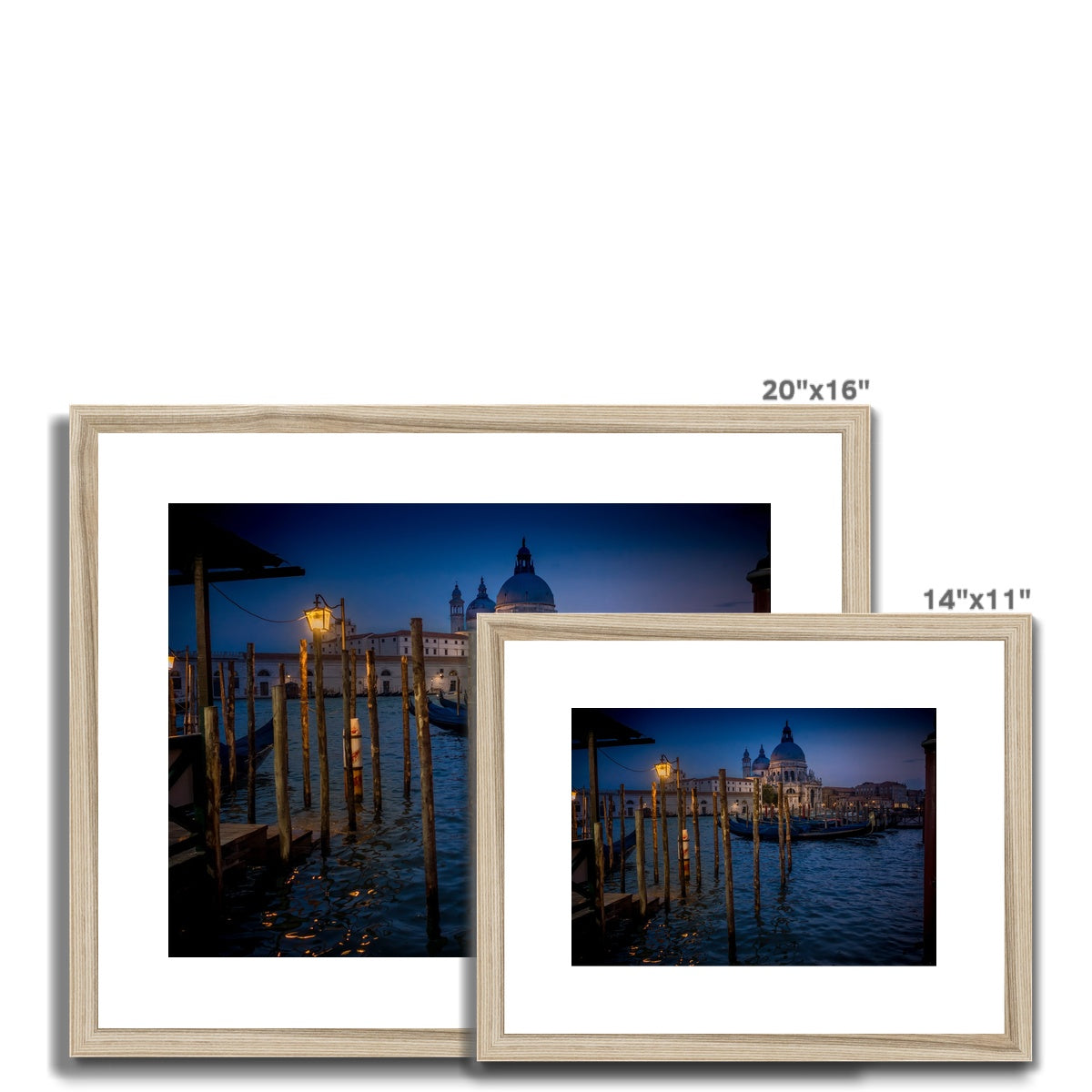 Gondolas moored for the night on the Grand Canal with the church of Santa Maria della Salute in the background. Venice, Italy. - Framed & Mounted Print