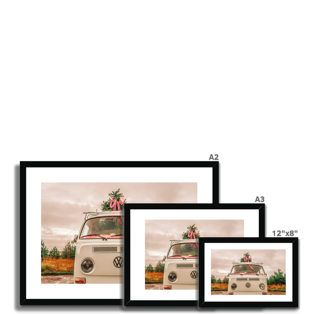 1972 VW Bay Window Campervan parked with with Christmas tree on roof. Framed & Mounted Print