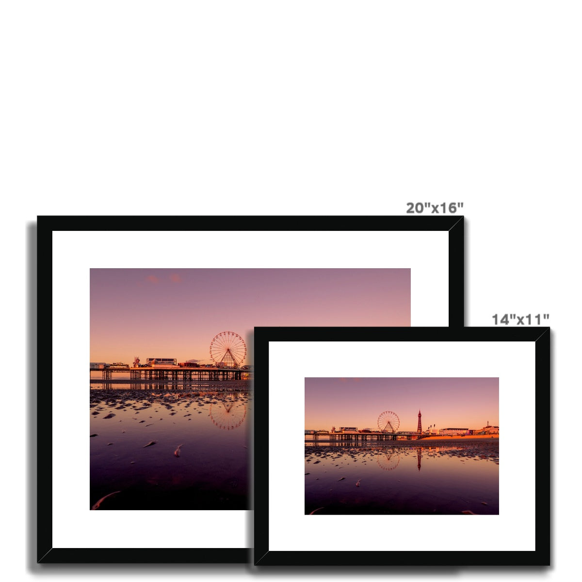Blackpool Tower and Central Pier with beach reflections at sunset. Framed & Mounted Print