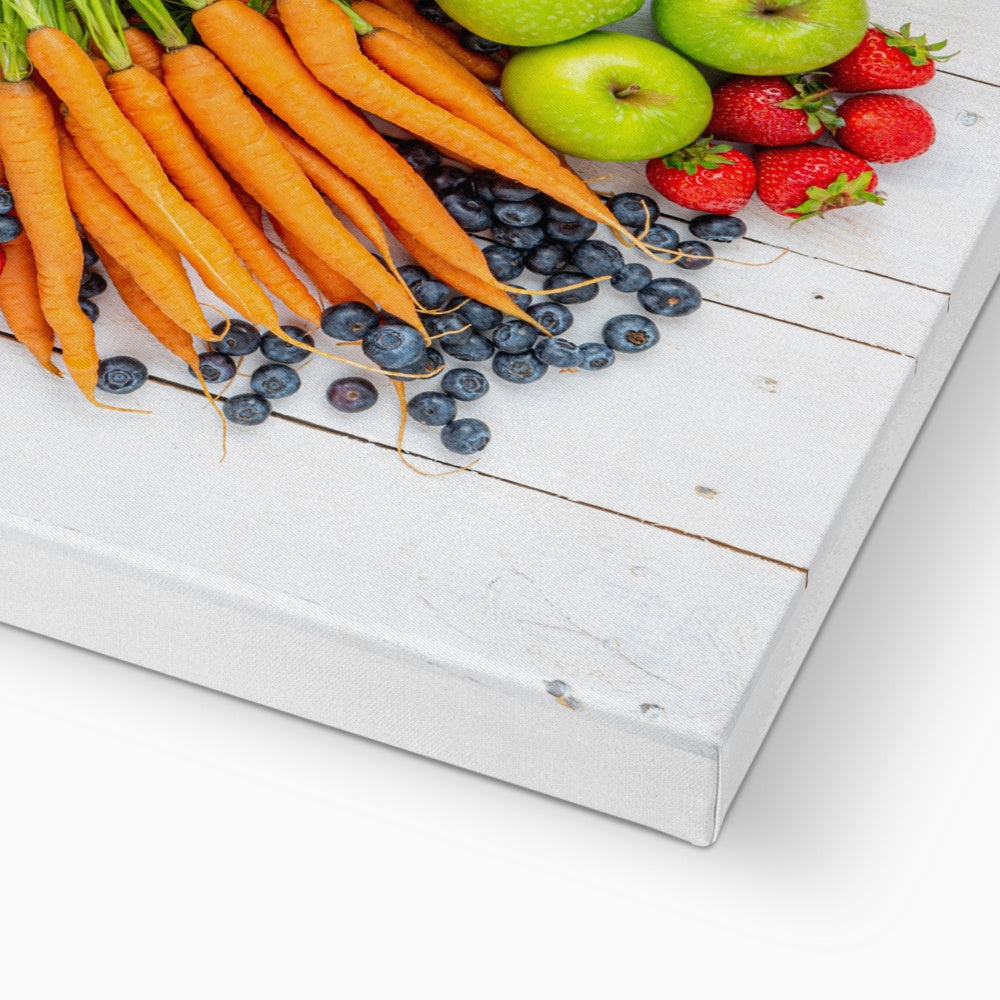 Flat lay of fresh fruit and vegetables on a modern rustic background Canvas