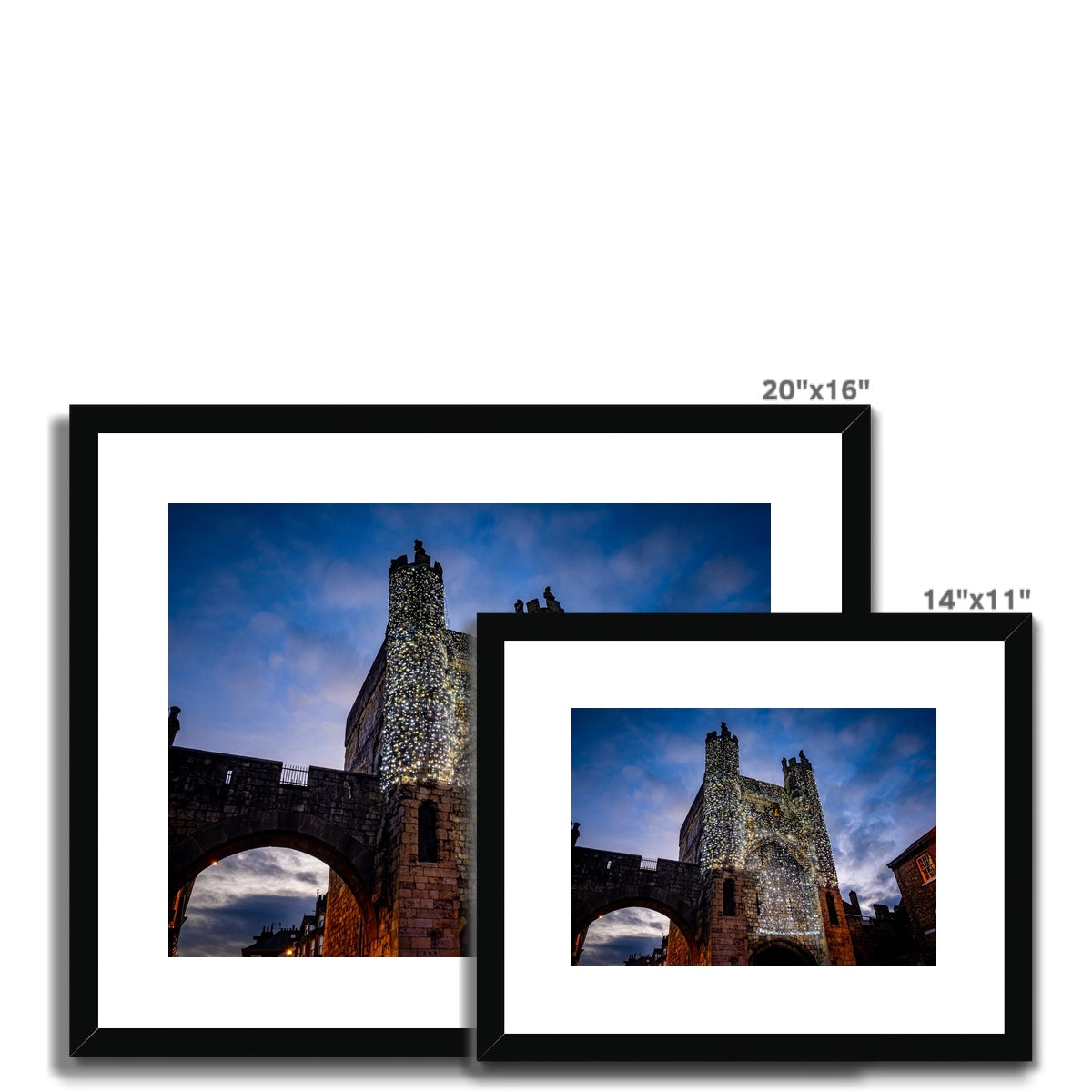 Monk Bar with illuminated Light Curtain for Christmas, York, UK. Framed & Mounted Print