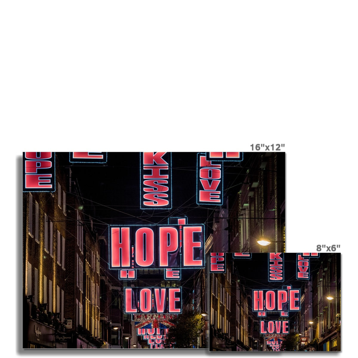 Hope and Love Christmas illuminations in Carnaby Street, London, UK. Fine Art Print