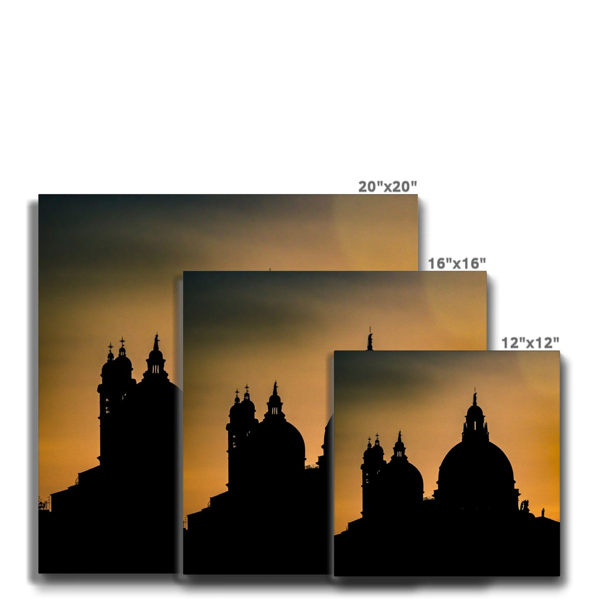 Silhouette of Santa Maria della Salute on the Grand Canal in Venice against a golden sky at sunset. Italy. Canvas