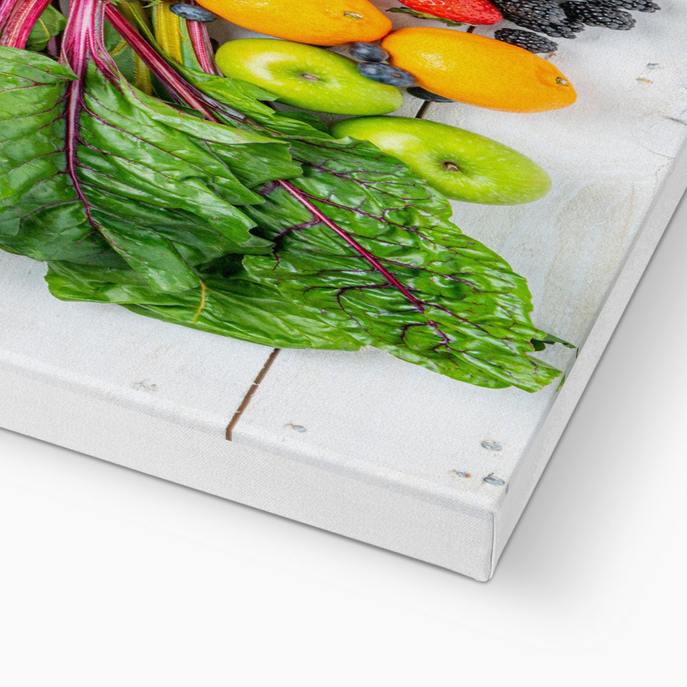 Assortment of fresh fruit and vegetables on white wooden boards. Canvas