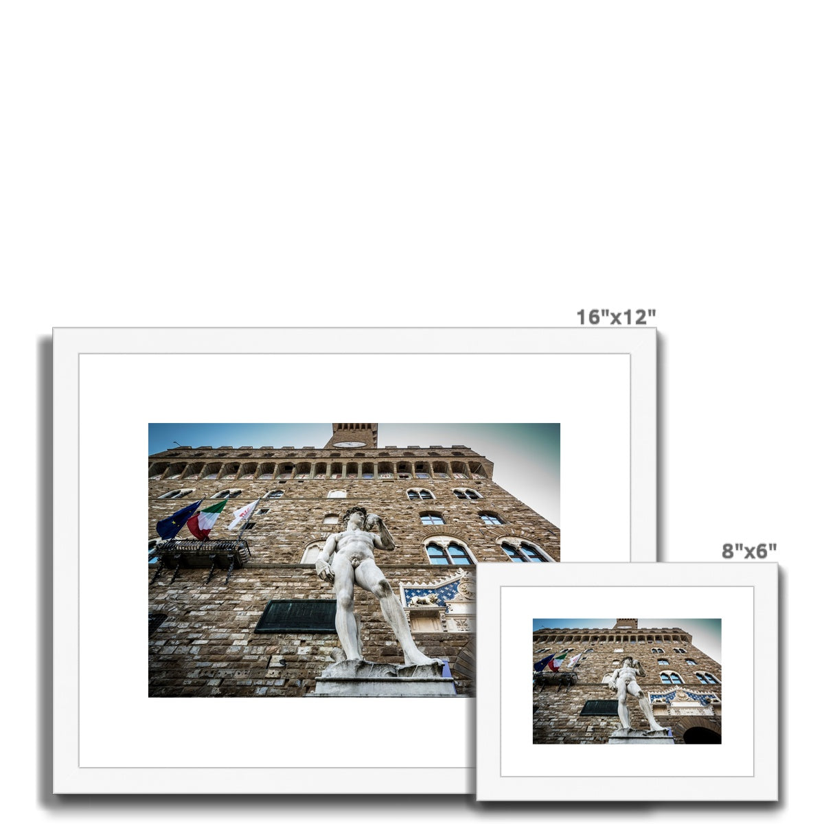 Statue of David overlooking Piazza della Signoria, with Palazzo Vecchio behind. Florence, Italy. Framed & Mounted Print