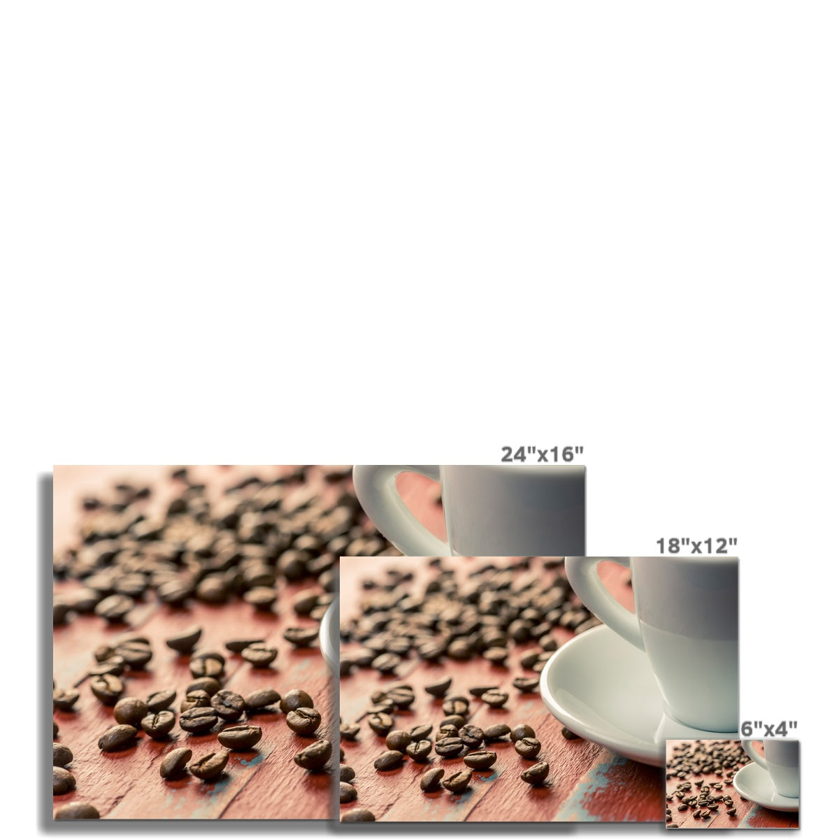 Roasted coffee beans on painted wooden board with white espresso cup and saucer Fine Art Print