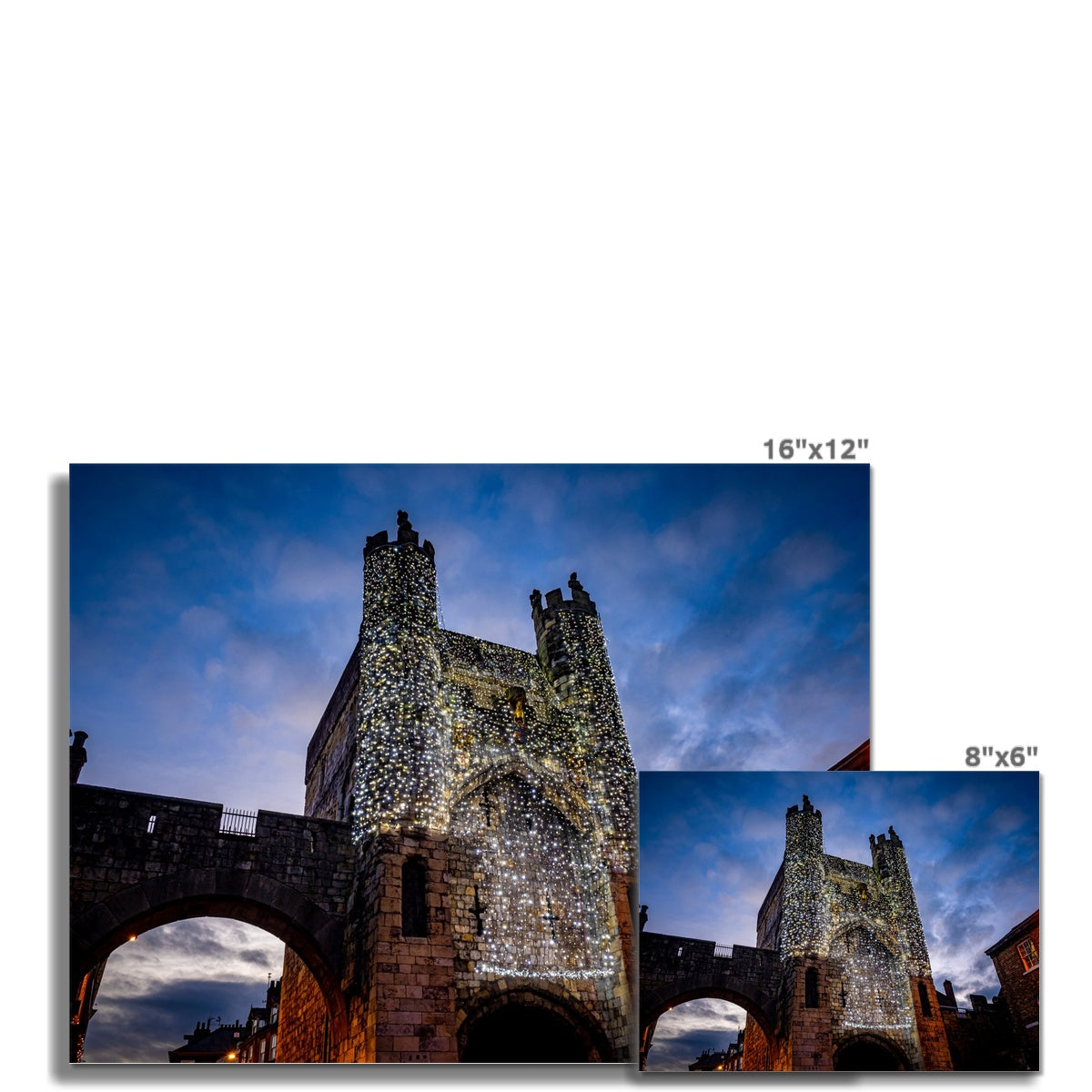 Monk Bar with illuminated Light Curtain for Christmas, York, UK. Fine Art Print