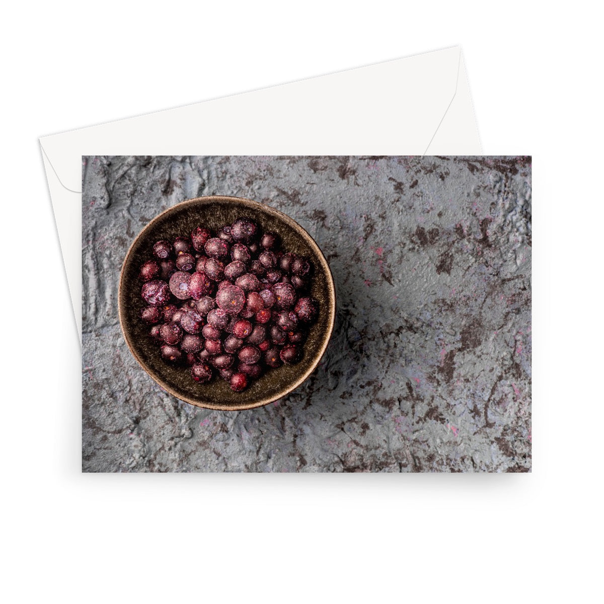 Flat lay: bowl of frozen blueberries  Greeting Card