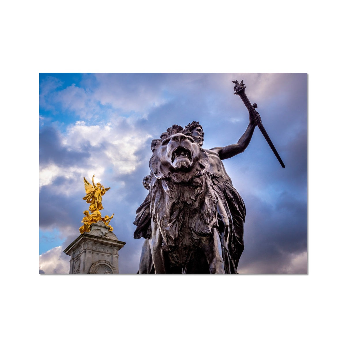 Gilded Winged Victory at the top of the Victoria Memorial and Progress bronze statue at base, London. Fine Art Print