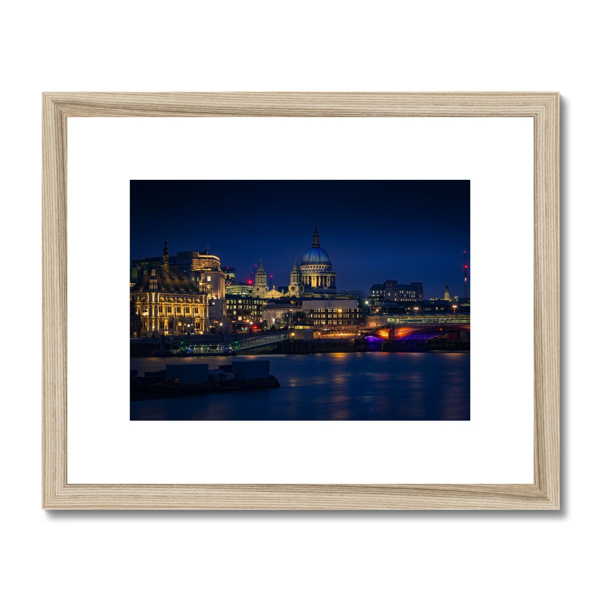 St Pauls Cathedral, Blackfriars Bridge, River Thames and London skyline at dusk. Framed & Mounted Print