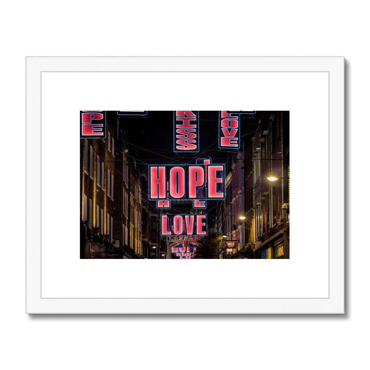 Hope and Love Christmas illuminations in Carnaby Street, London, UK. Framed & Mounted Print