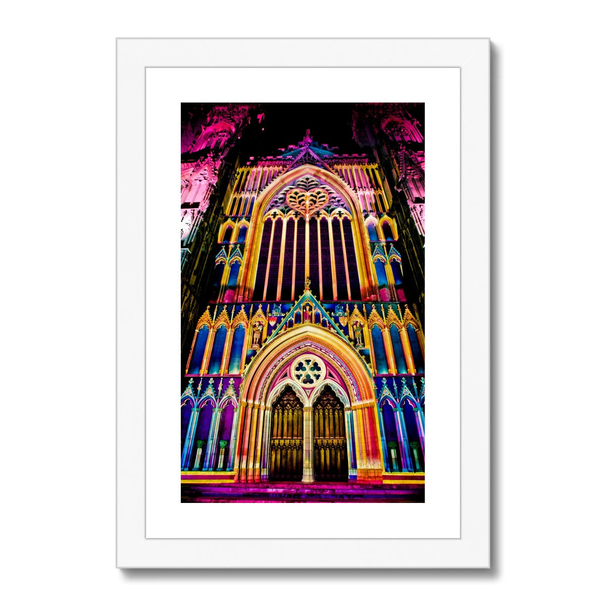 West front of York Minster, Illuminating York Festival. Framed & Mounted Print