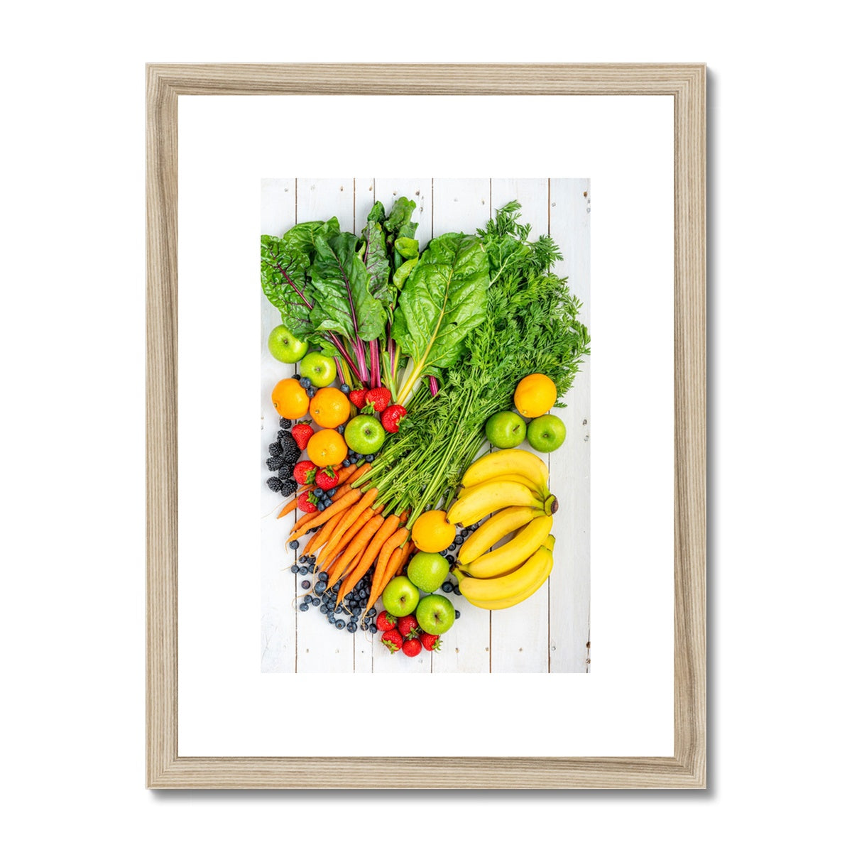 Flat lay of fresh fruit and vegetables on a modern rustic background Framed & Mounted Print
