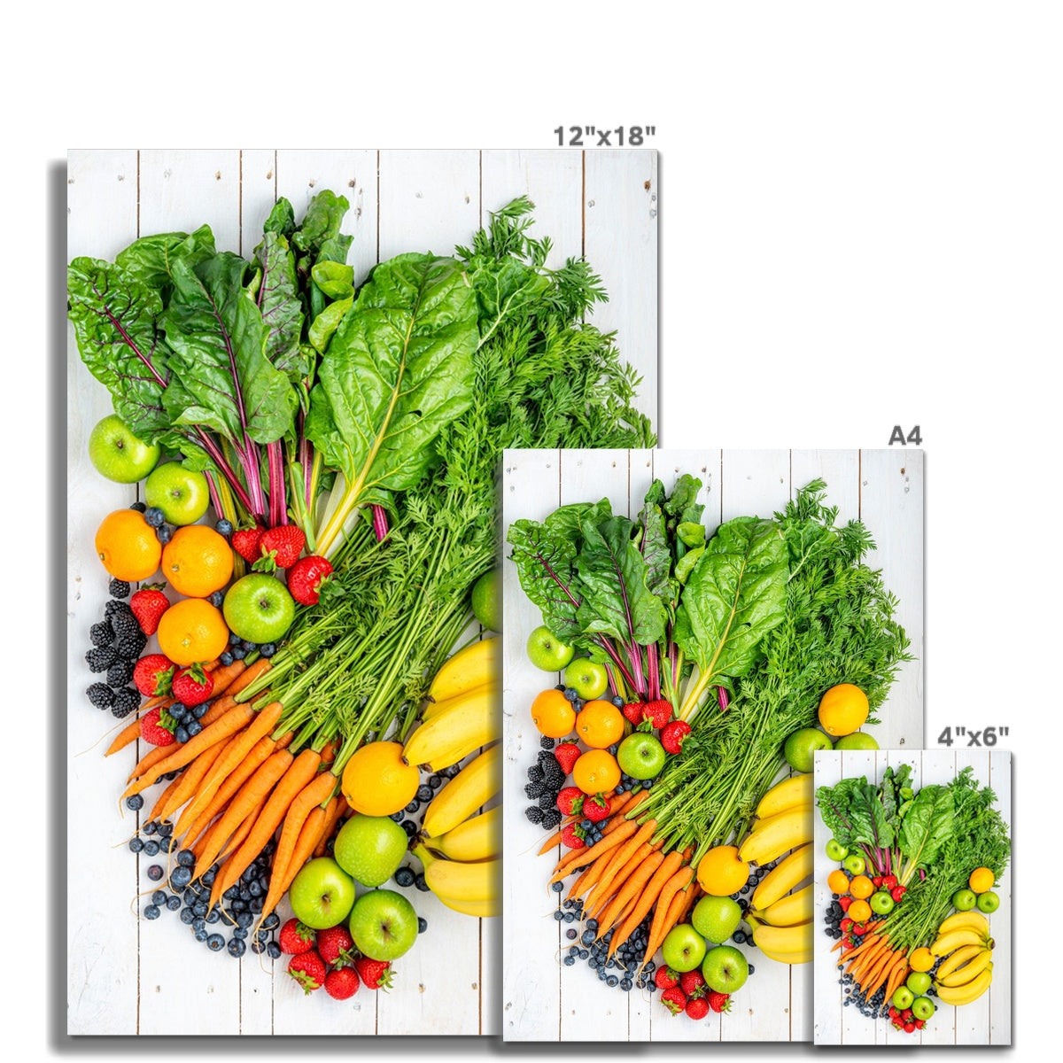 Flat lay of fresh fruit and vegetables on a modern rustic background Fine Art Print