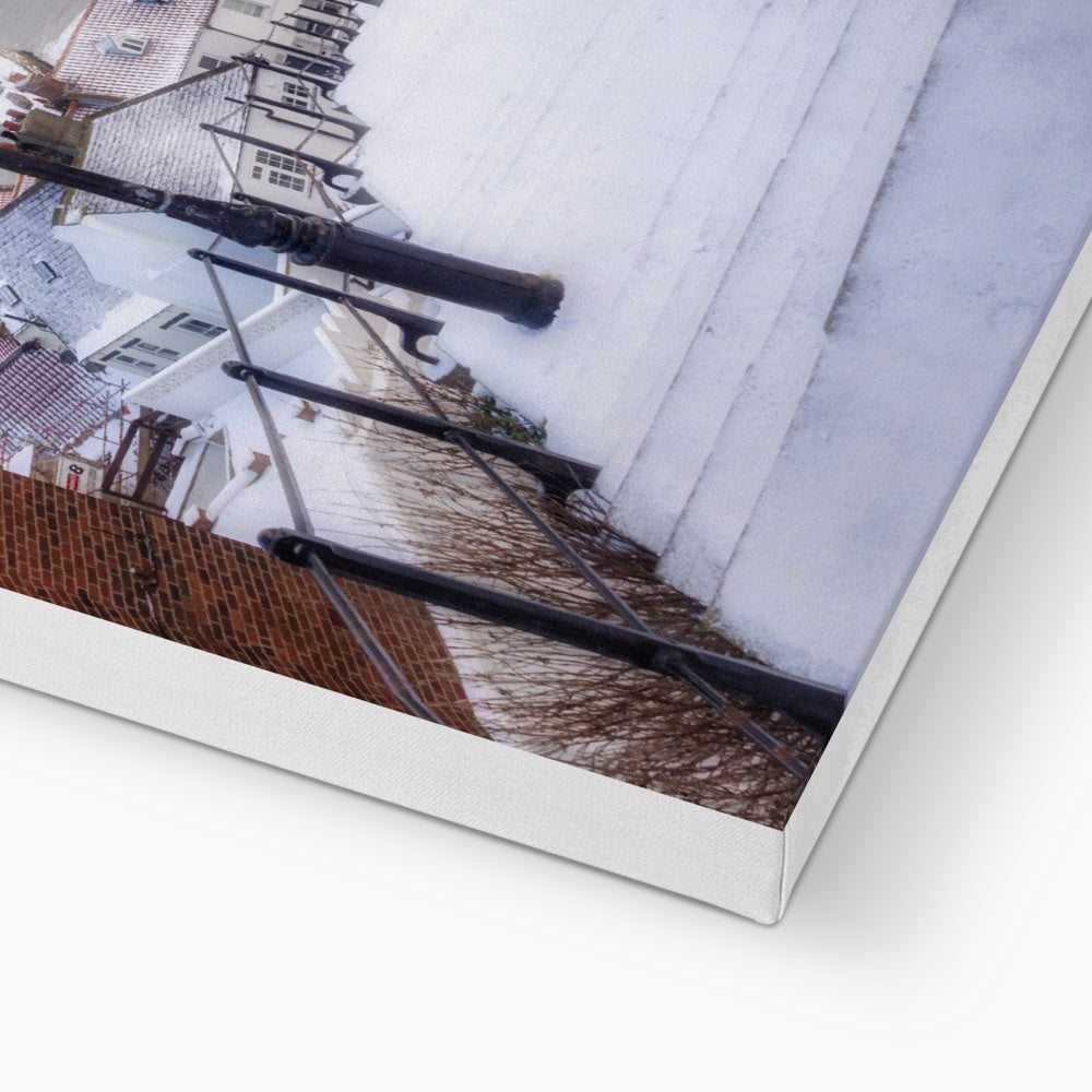 Snow covered steps leading down from St Mary's Church, Whitby, UK. Canvas