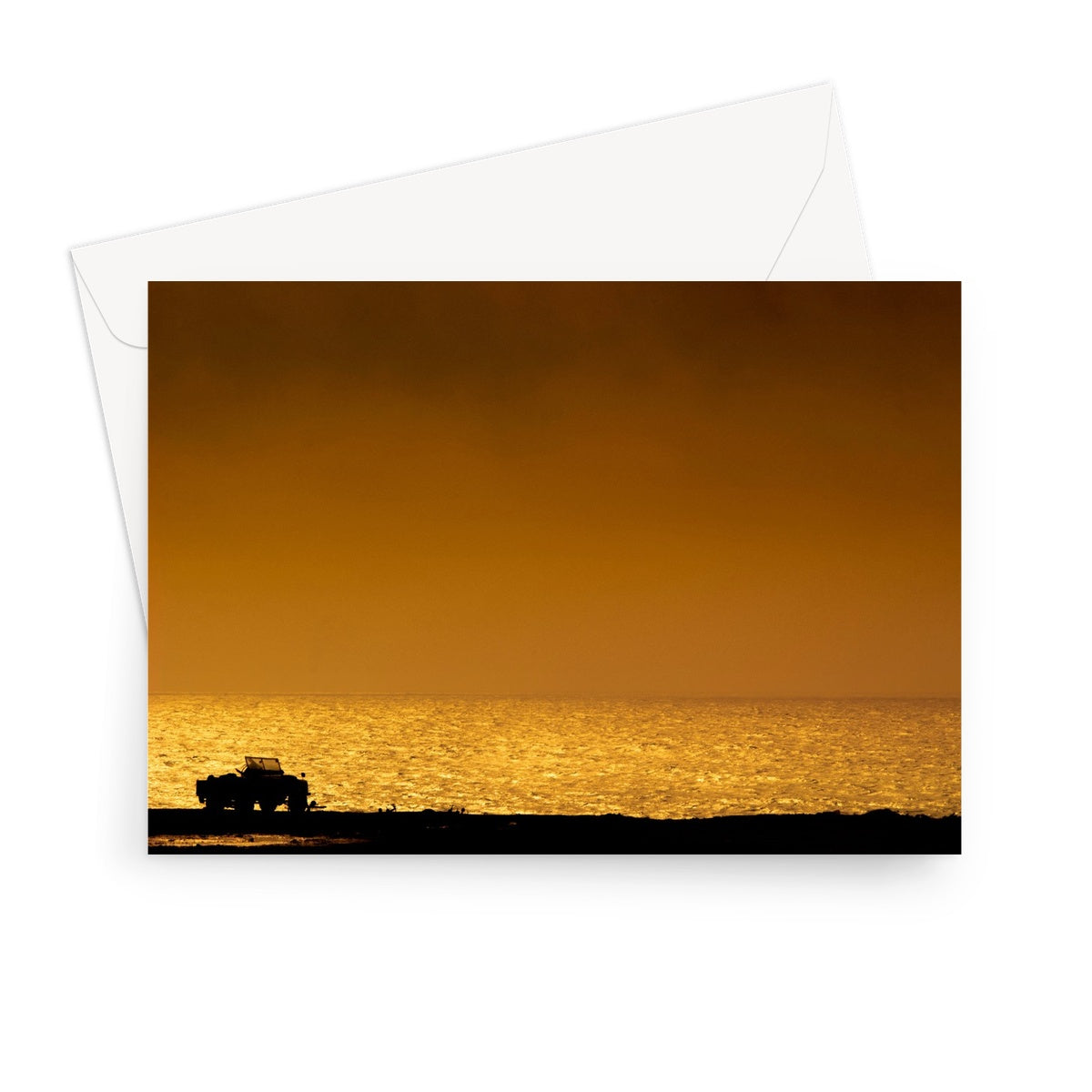 Silhouette of jeep on beach at sunset Greeting Card
