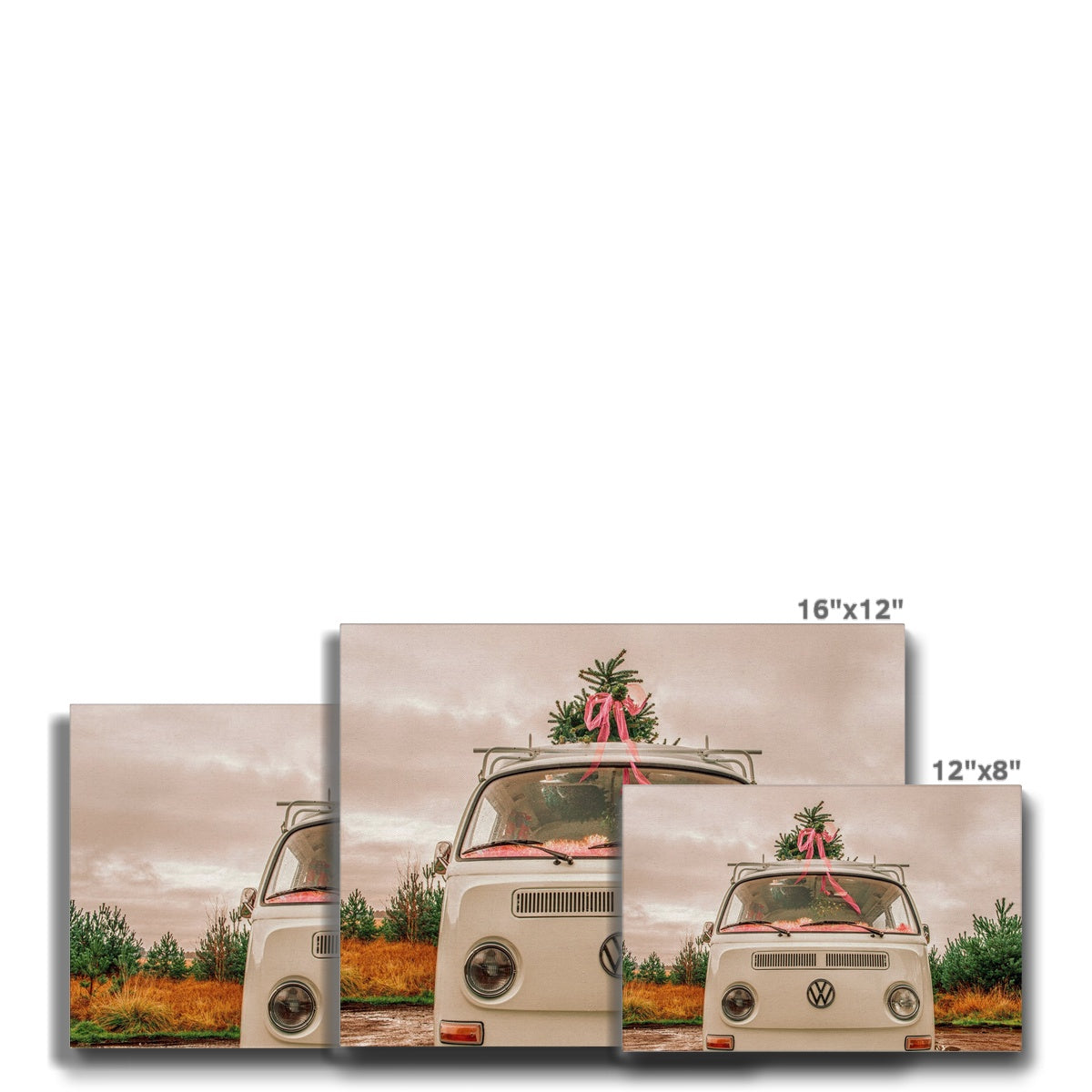 1972 VW Bay Window Campervan parked with with Christmas tree on roof. Canvas