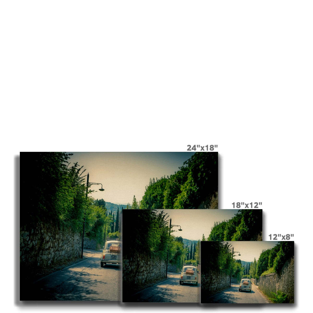 Classic Fiat 500 car driving on a road in Florence, Italy. Canvas