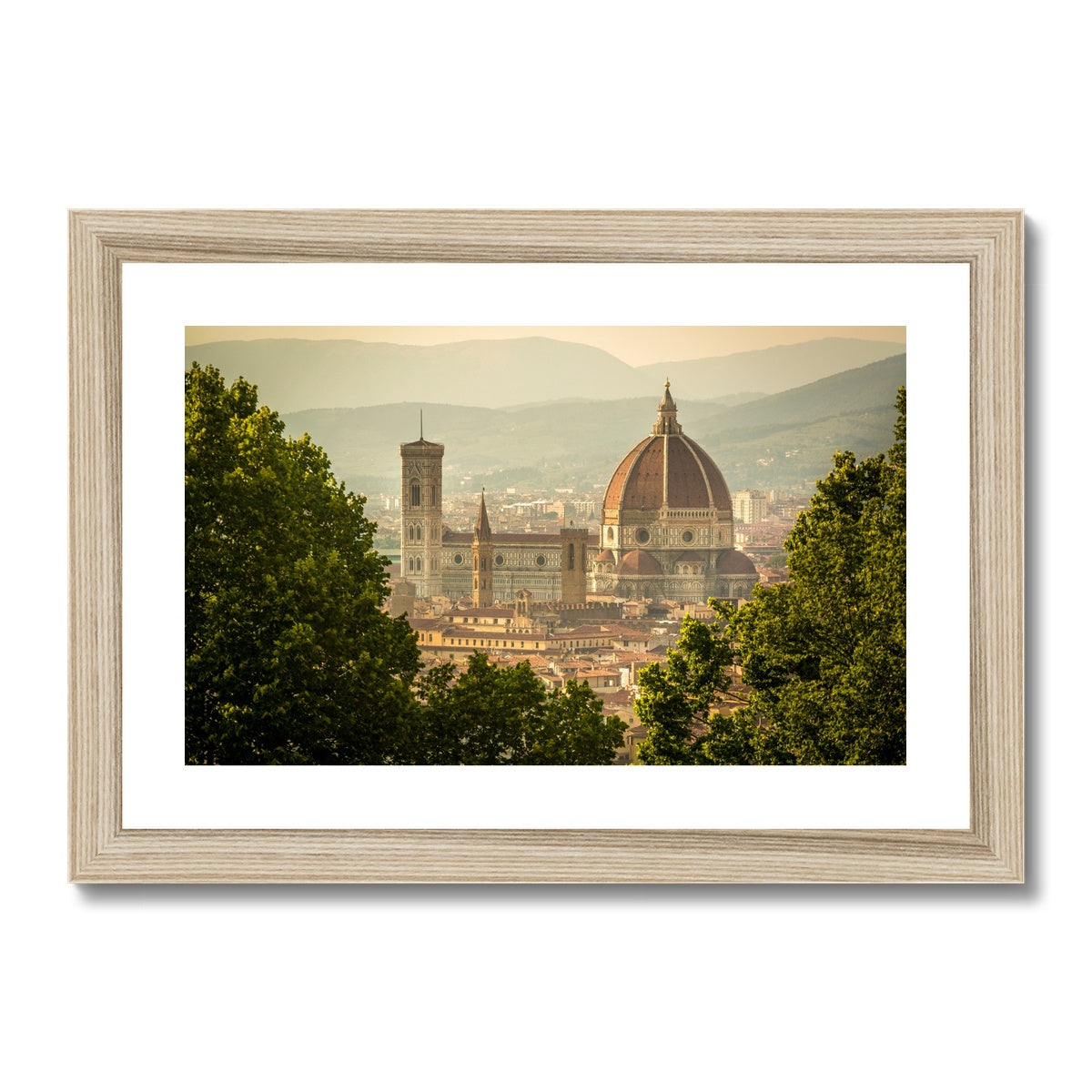 The south façade of Florence Cathedral glimpsed through the trees of San Miniato al Monte.  Italy. Framed & Mounted Print