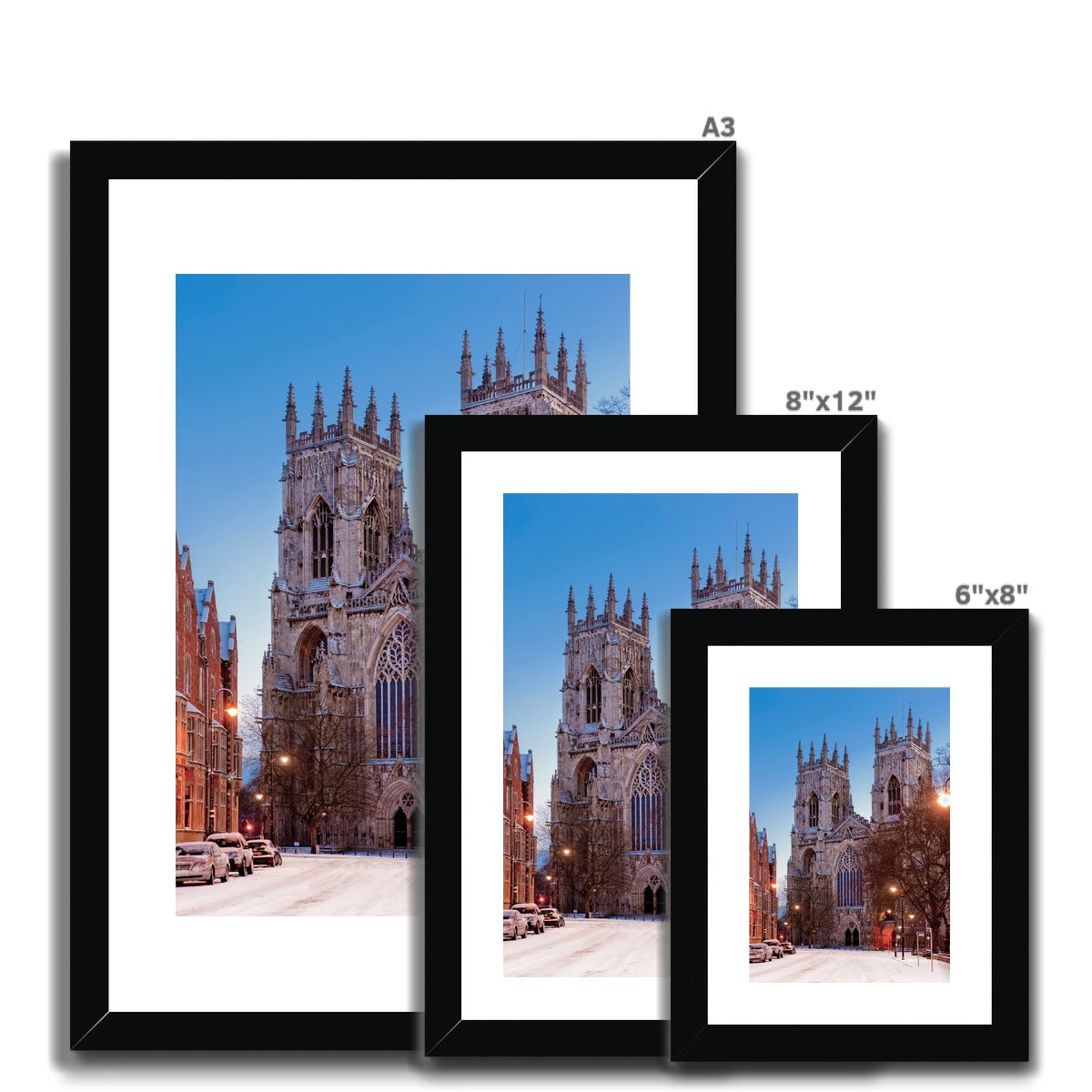 West front of York Minster and Duncombe Place in the snow, York, UK. Framed & Mounted Print