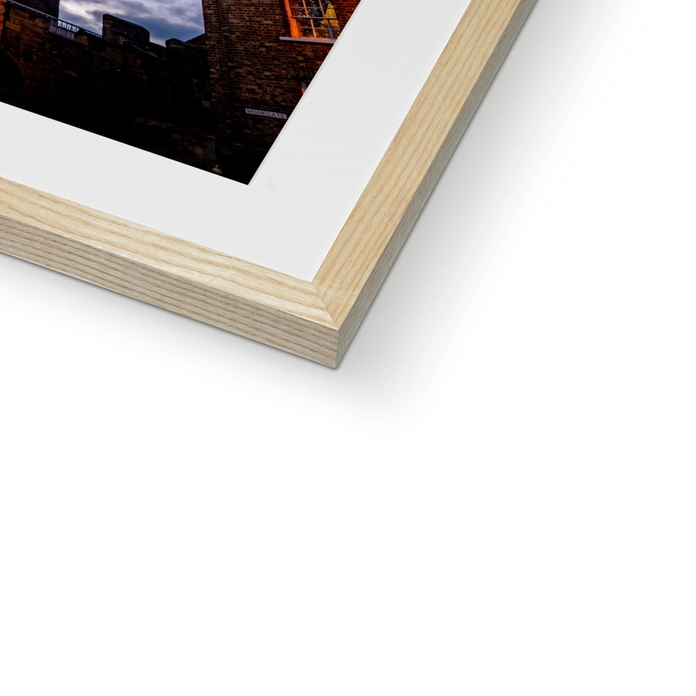 Monk Bar with illuminated Light Curtain for Christmas, York, UK. Framed & Mounted Print