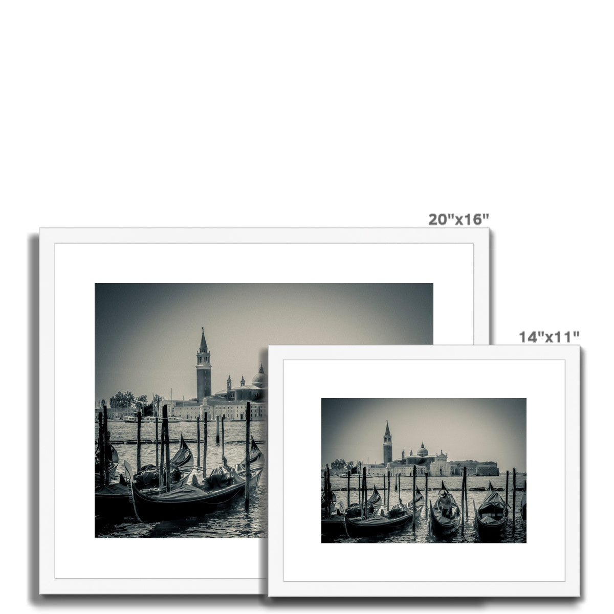 Gondolas moored in St Mark's Basin with San Giorgio Maggiore in the background. Venice, Italy. Framed & Mounted Print
