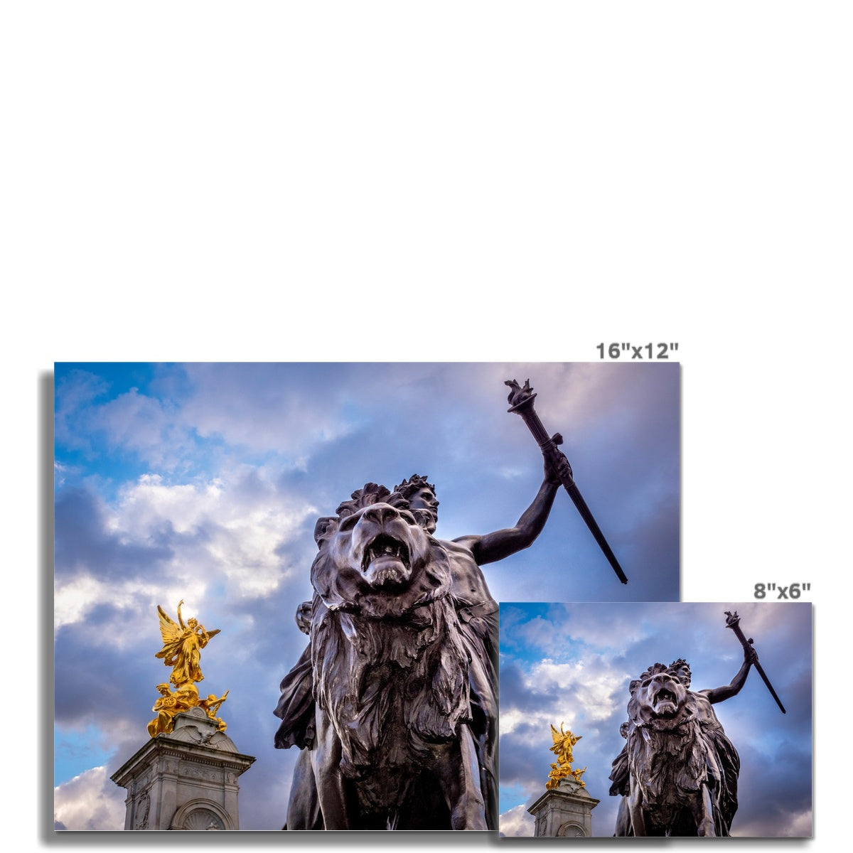 Gilded Winged Victory at the top of the Victoria Memorial and Progress bronze statue at base, London. Fine Art Print