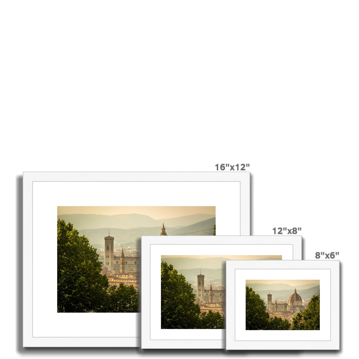 The south façade of Florence Cathedral glimpsed through the trees of San Miniato al Monte.  Italy. Framed & Mounted Print