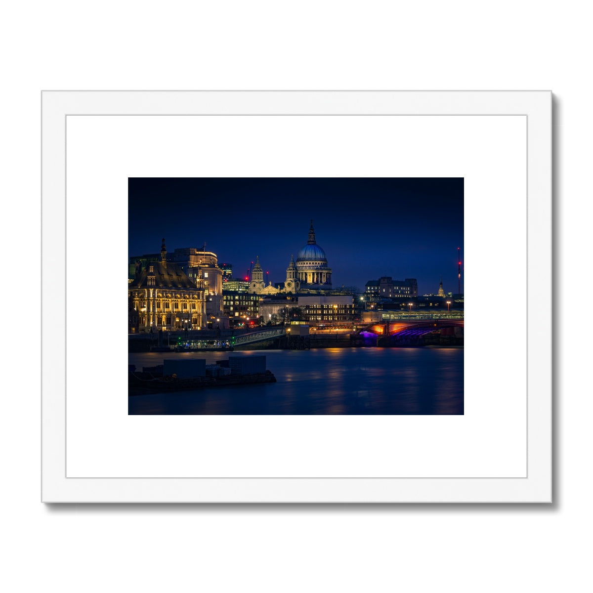 St Pauls Cathedral, Blackfriars Bridge, River Thames and London skyline at dusk. Framed & Mounted Print
