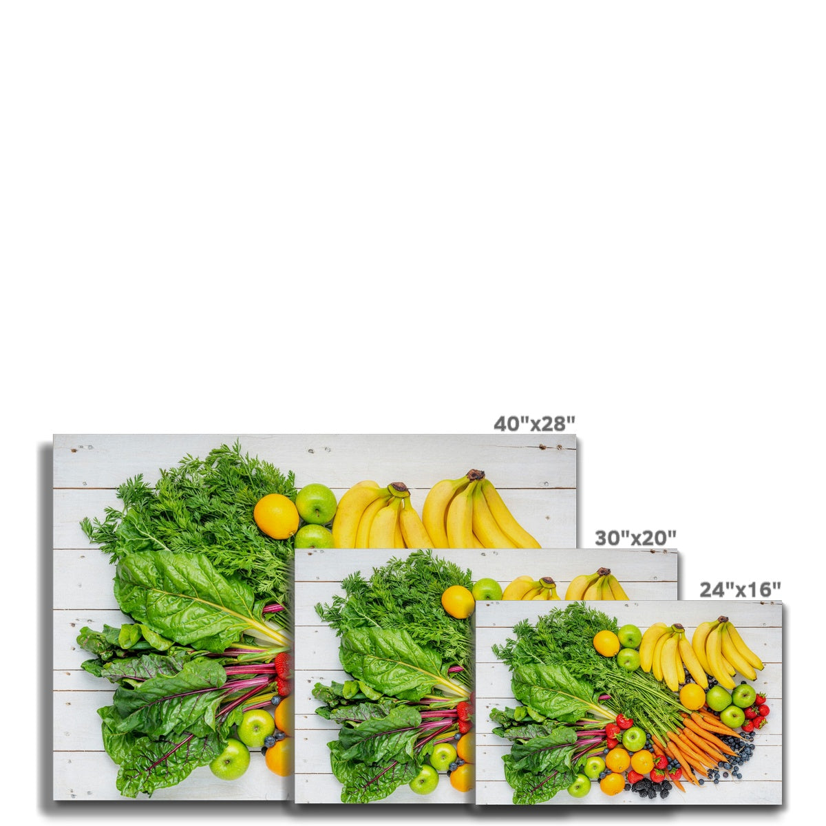 Assortment of fresh fruit and vegetables on white wooden boards. Canvas
