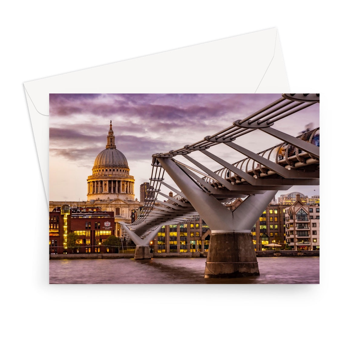 St Paul's Cathedral and Millennium Bridge  over the River Thames, London. Greeting Card