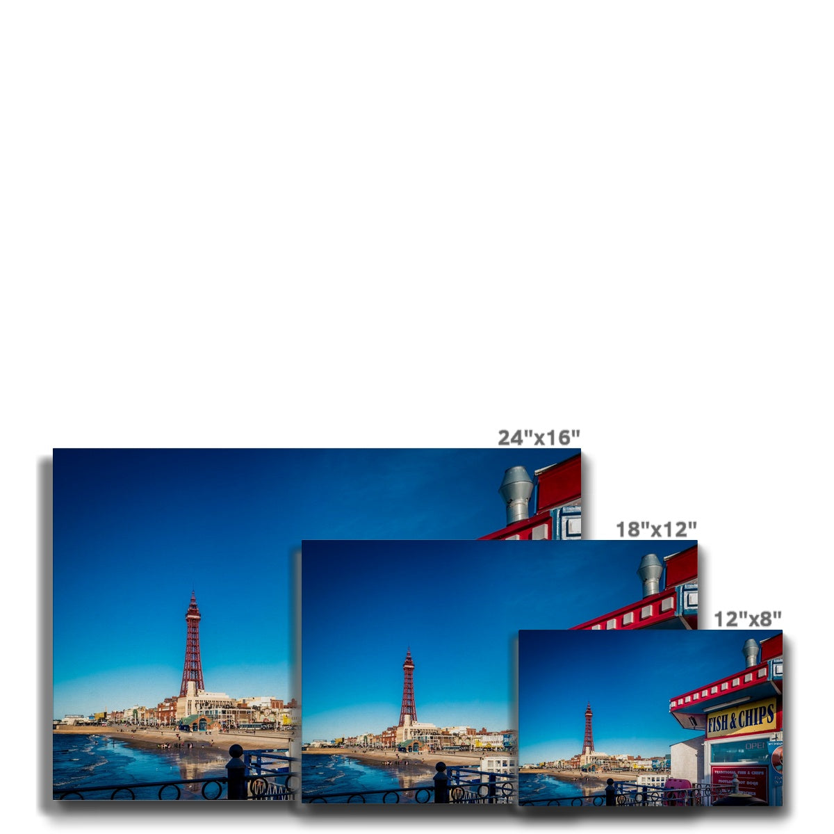 FISH AND CHIPS sign on Central Pier and Blackpool Tower. Canvas