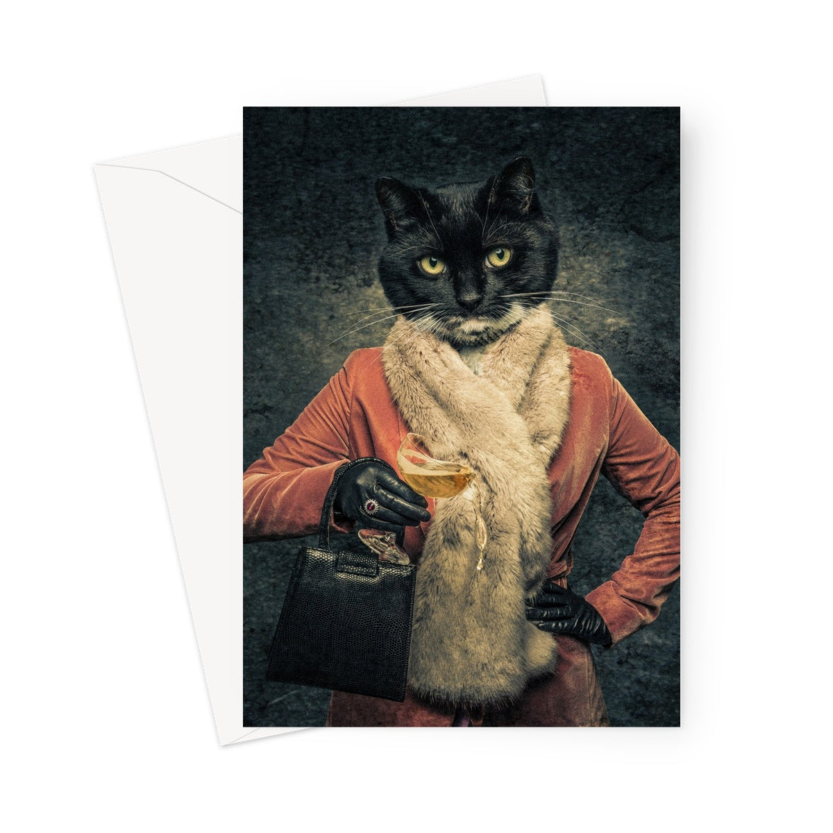 Anthropomorphic cat spilling drink from champagne coupe Greeting Card