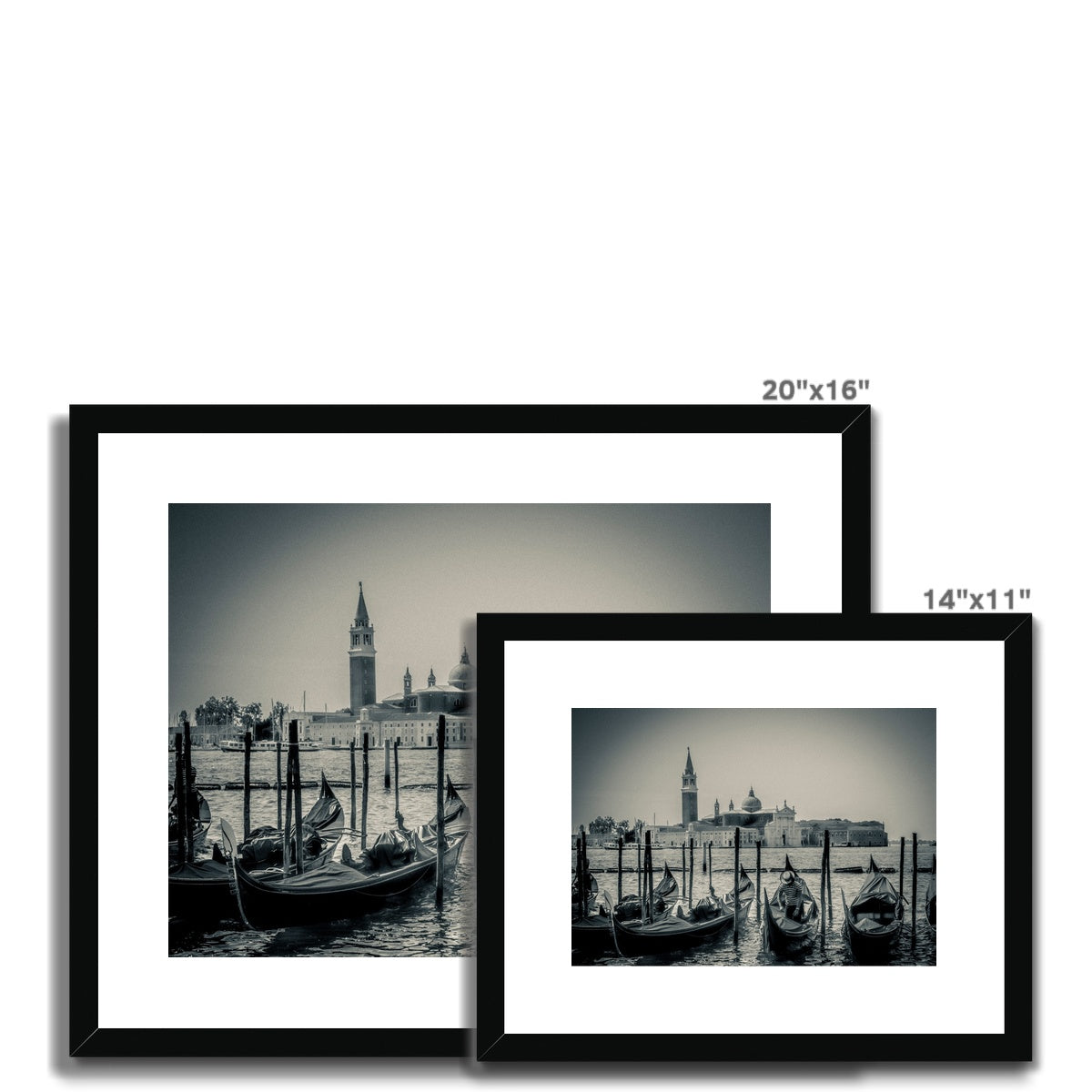 Gondolas moored in St Mark's Basin with San Giorgio Maggiore in the background. Venice, Italy. Framed & Mounted Print