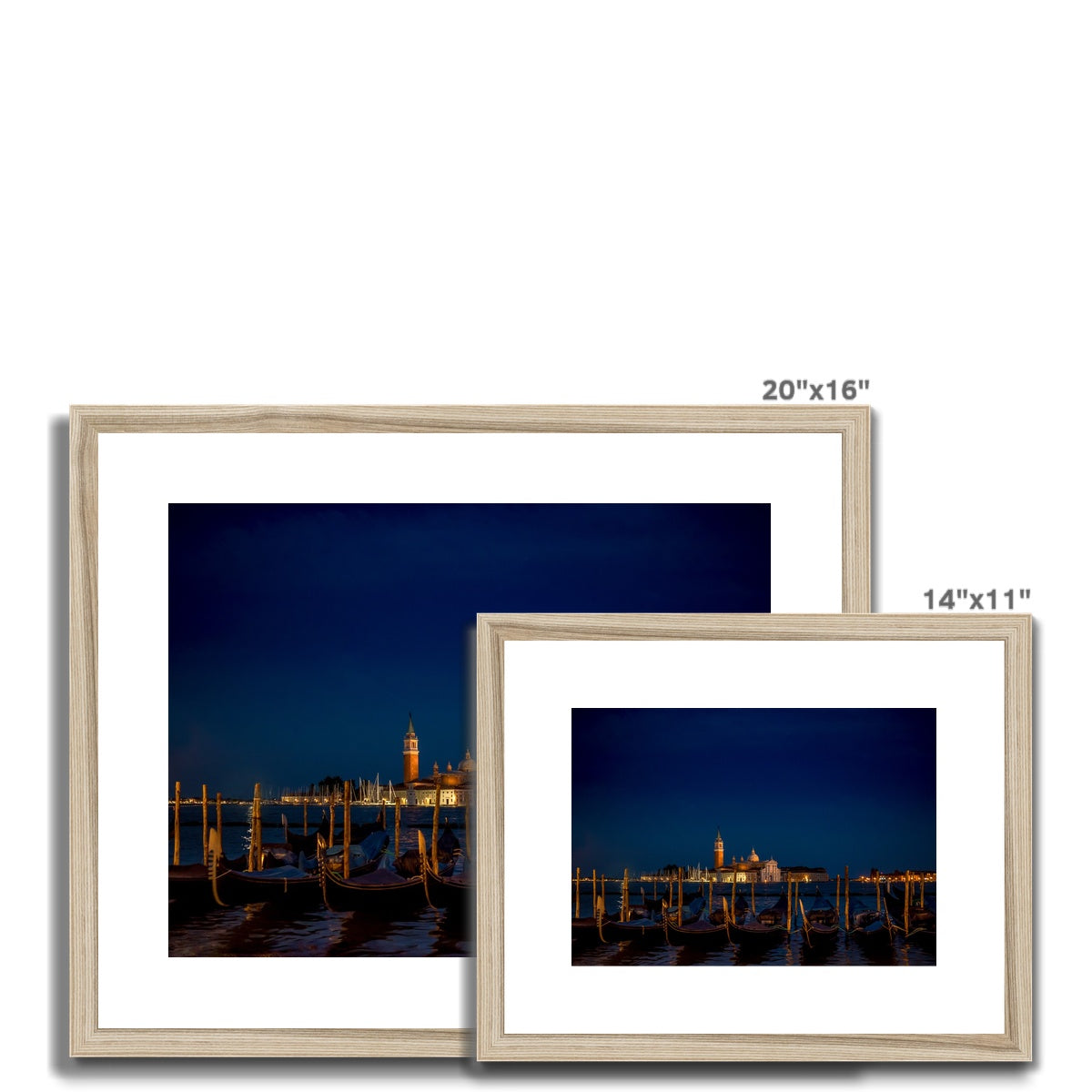 Gondolas moored in St Mark's Basin with San Giorgio Maggiore in the background at night, Venice, Italy. Framed & Mounted Print